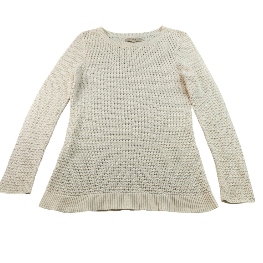 LOFT Textured Knit Sweater Women's Medium Cream Classic Long Sleeve Round Neck